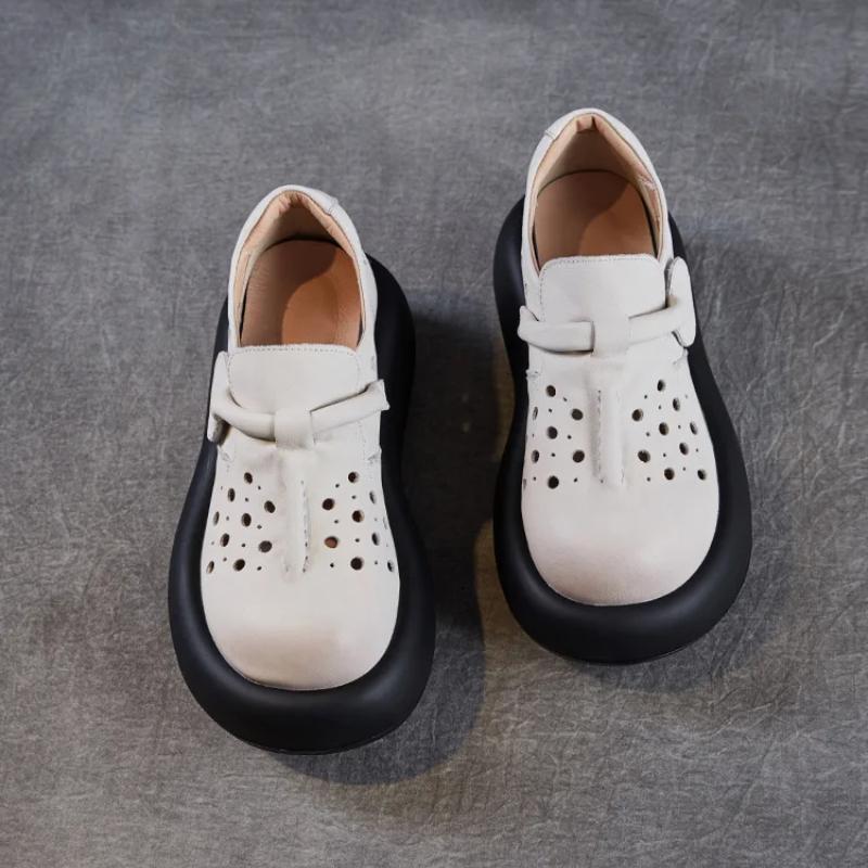 Johnature Dámské boty s dutou silnou podrážkou z pravé kůže s kulatou špičkou, dámské platformové sandály