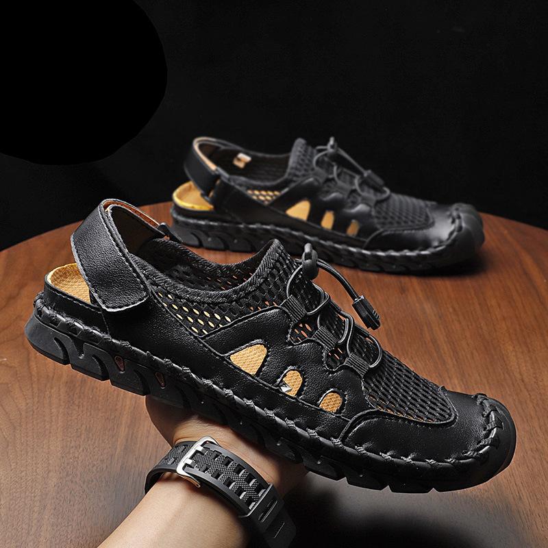 Summer new hand-sewn large-size casual cool leather shoes men's outdoor mesh hollow beach shoes