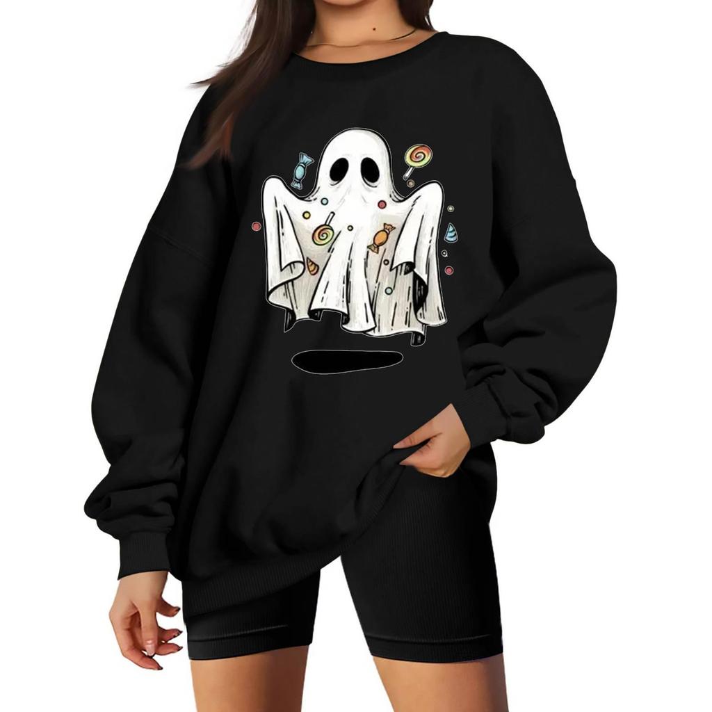 Women's Neck Long Sleeve Sweatshirt Casual Loose Fit Color Pullover with Halloween Print