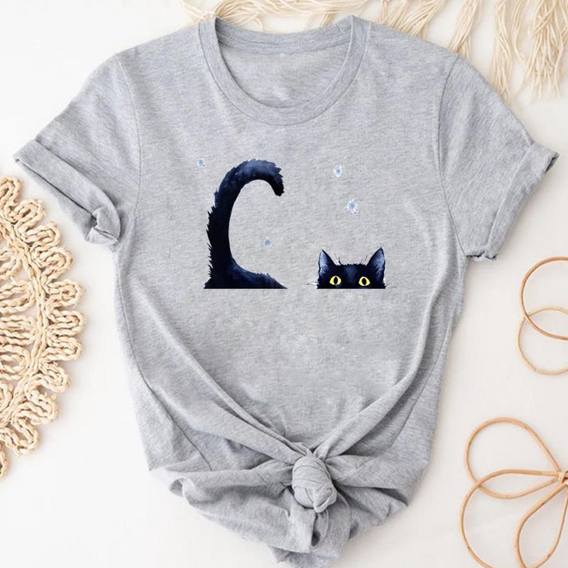 (Asian Size) Tshirt Lady Cartoon T Tee Top Women Print Fashion Clothes Female Clothing Short Sleeve Cat Animal Pet Graphic T-shirt