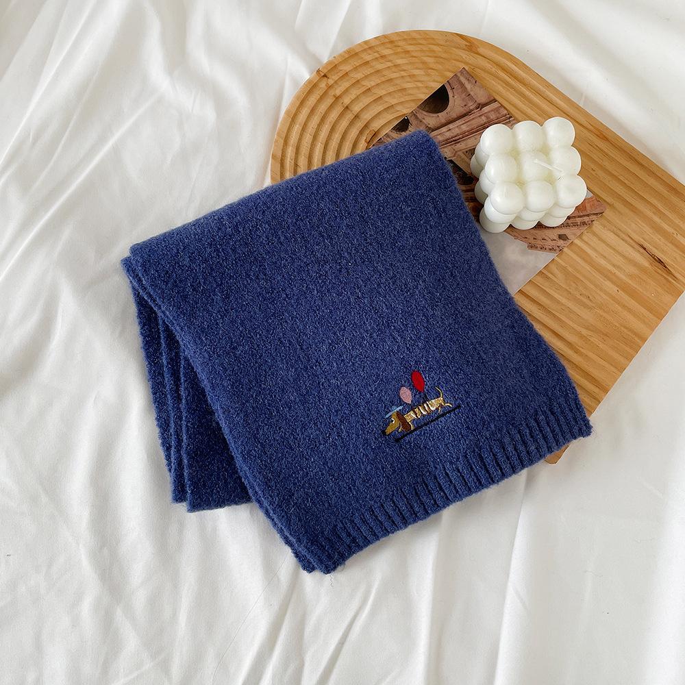 Winter knitted wool small scarf women's new high-end dog embroidery simple matching scarf