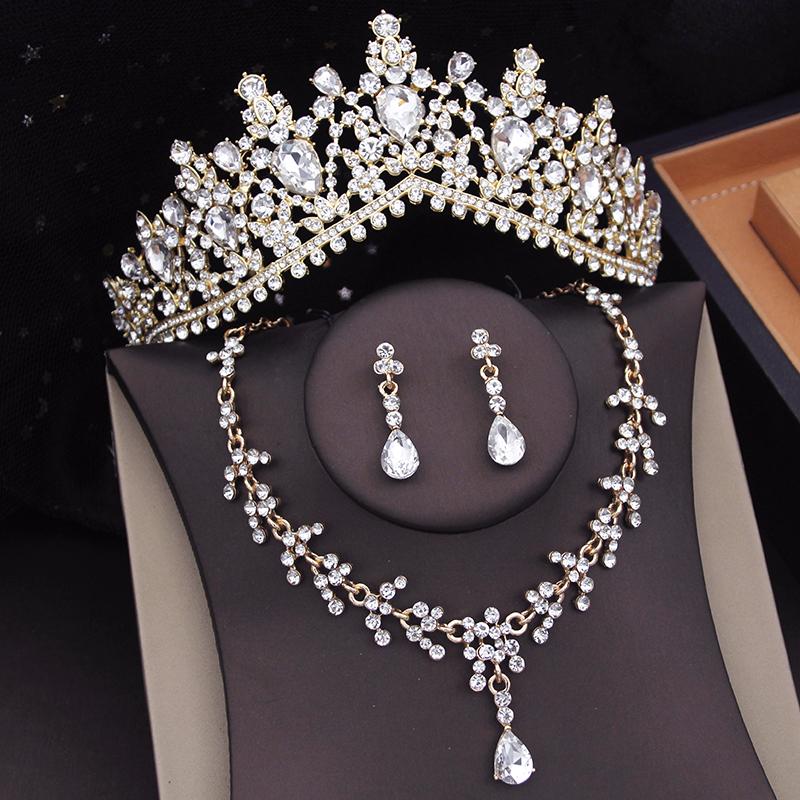 Lila Farben Hochzeitskrone Brautschmucksets für Frauen Choker-Halsketten-Sets Tiaras Ohrringe Schmuck Abschlussball-Kostümzubehör