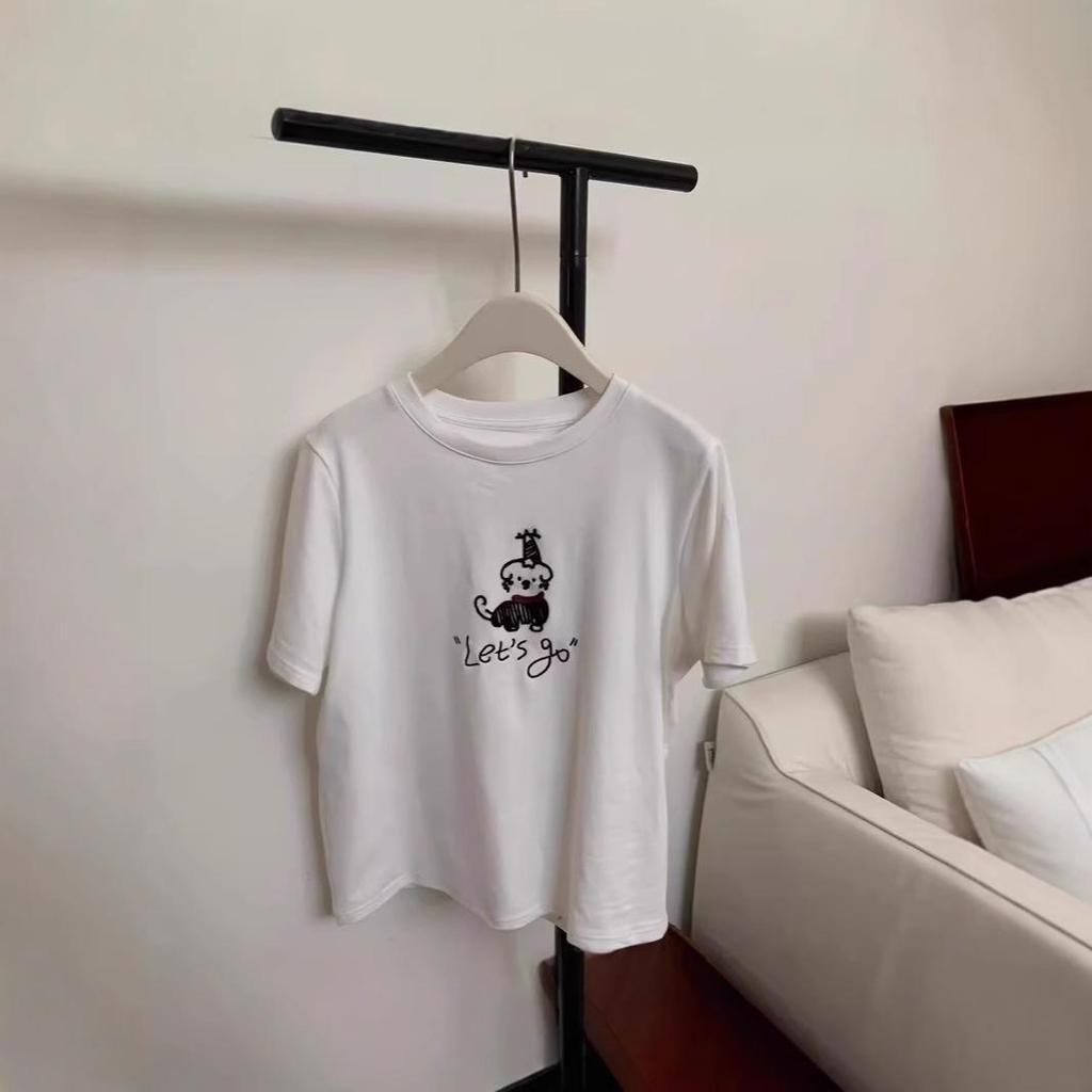 2025 Summer Women's Embroidered Dog T-shirt - Short Sleeve, Simple Line Design, Round Neck