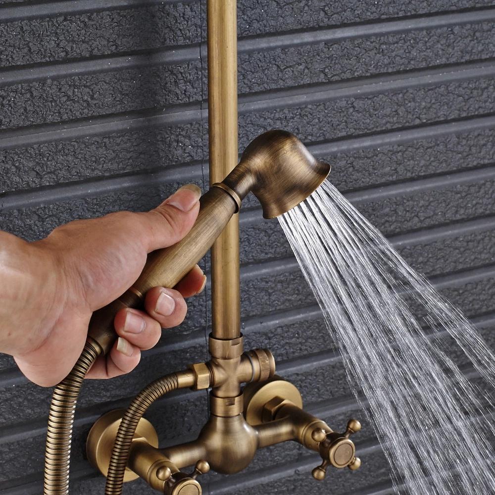 Antique Bathroom Rainfall Shower Faucet Set Wall Mount Dual Handle With Handshower Brass Bathroom Shower Mixer Tap