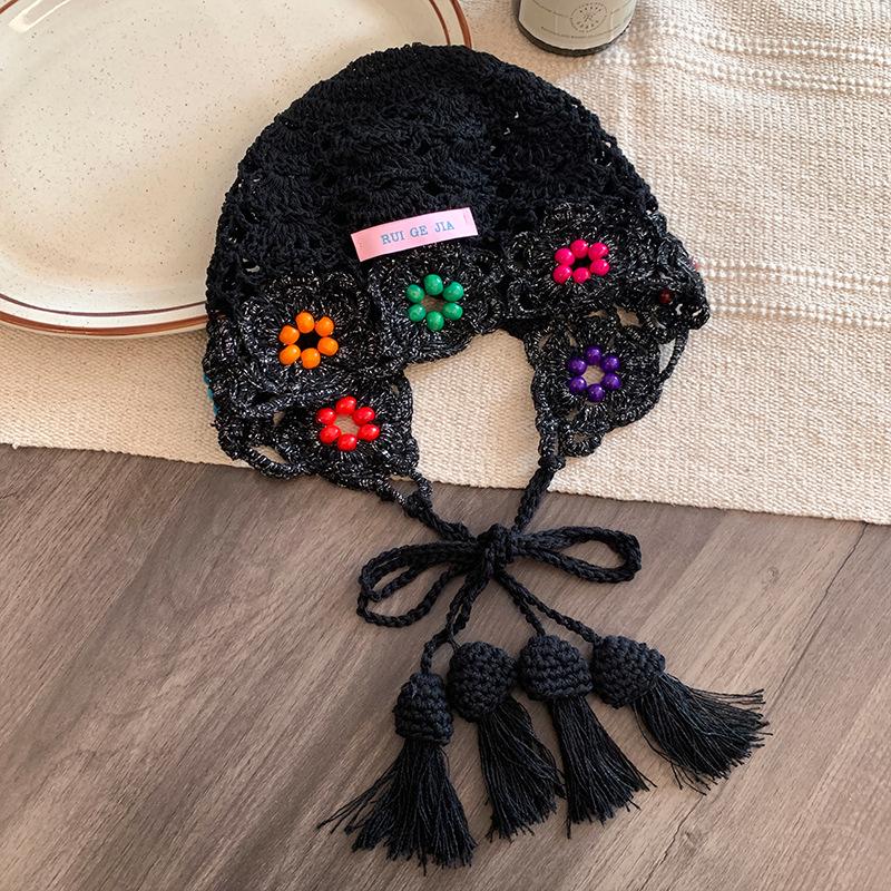 Handmade crochet flower fringe hollow hat female face small knitted bag hat