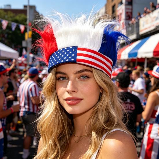 Novelty Patriotic Fuzzy Headband Independence Day Headband Comfortable Hair Accessory Creative Red White Blue Wig Hat Independence Day Empty Top Fans