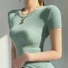 YPFF Summer Women's Solid Color Elastic Thread Basic Short-Sleeve Round Neck Top