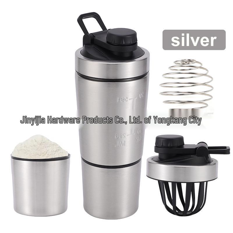 Stainless Steel Shaker Bottle with Storage & Handle for Outdoor Fitness 600+200ml Single-layer серебряный