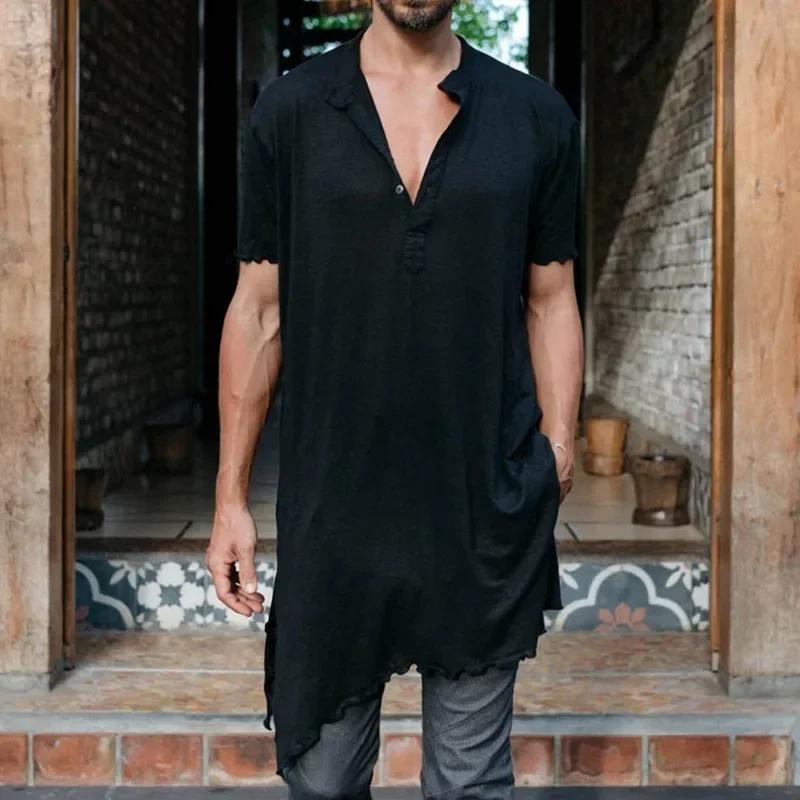 Summer T-Shirts Men Vintage Irregular Ripped Design Men's Long Casual Button O-Neck Short Sleeve Tops Streetwear Men Fashion Tees