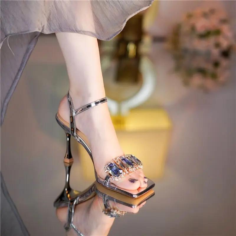 Fashion Sexy Open Toe Ladies Shoes Rhinestones Sandals for Women Silver Footwear High Heels One Word Summer 2024 with Strap Comfort F H