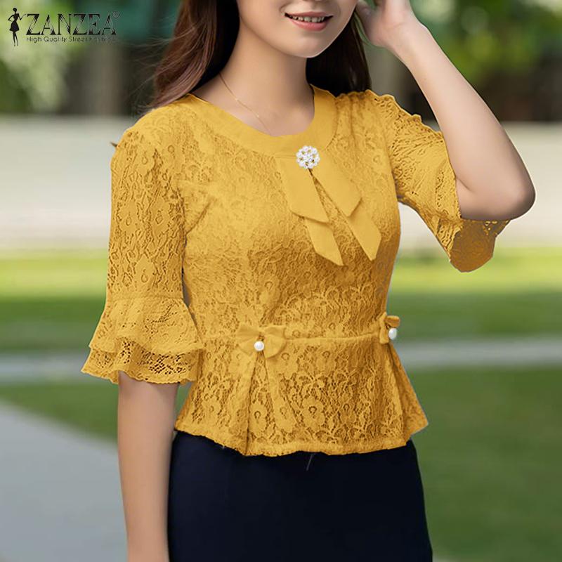 ZANZEA Women Summer Round Neck Half Sleeve Lace Patchwork Blouse