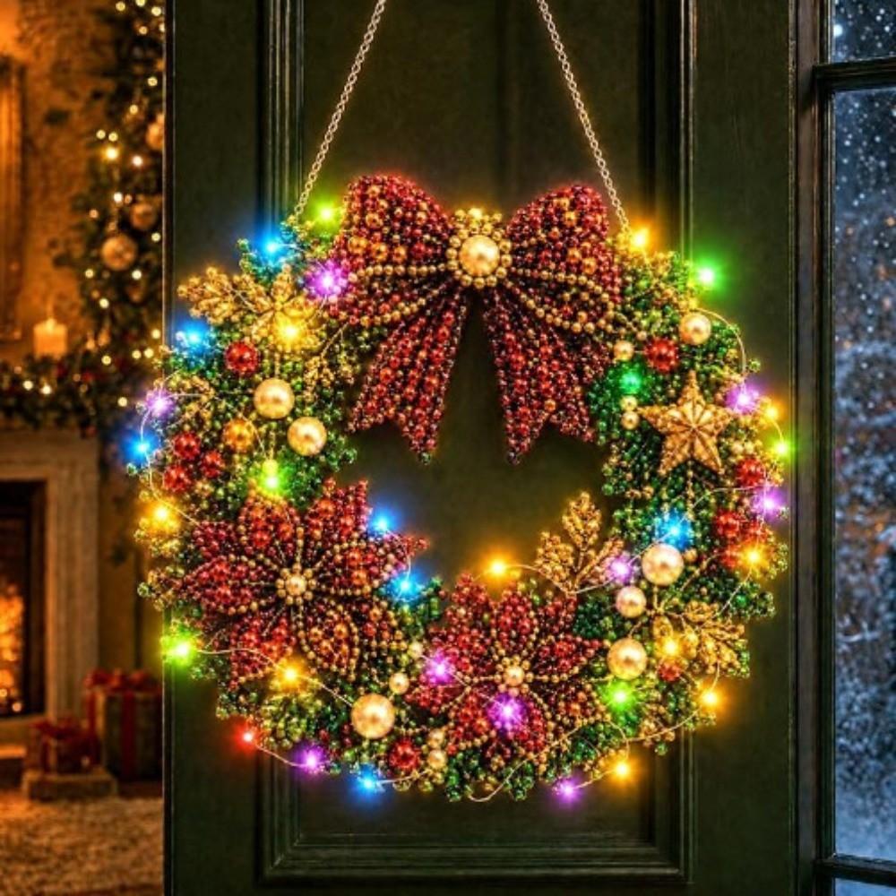 Diamond Sticking Diamond Art Wreath With LED String Light Hanging Wreath Holiday Gift