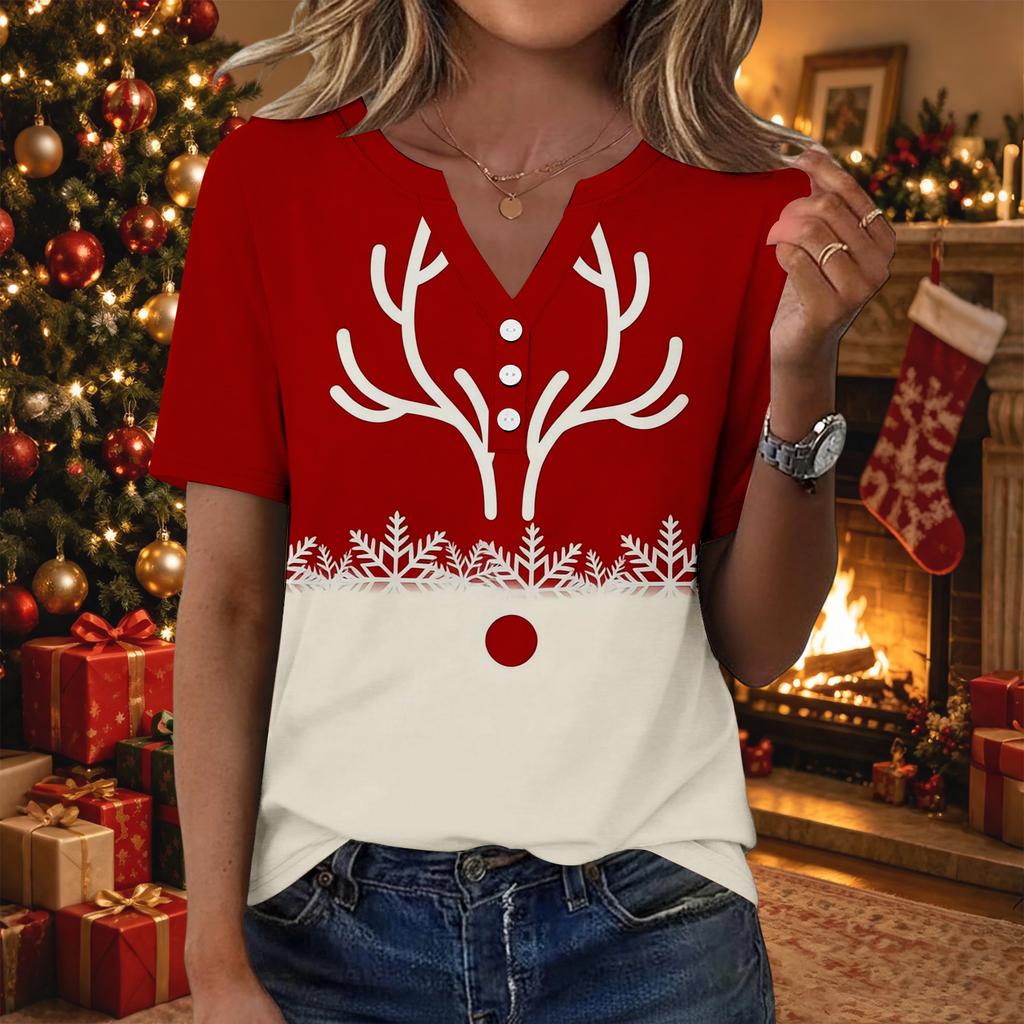 Women's Fashion Casual Christmas Print V-Neck Short Sleeve Button T-Shirt Top