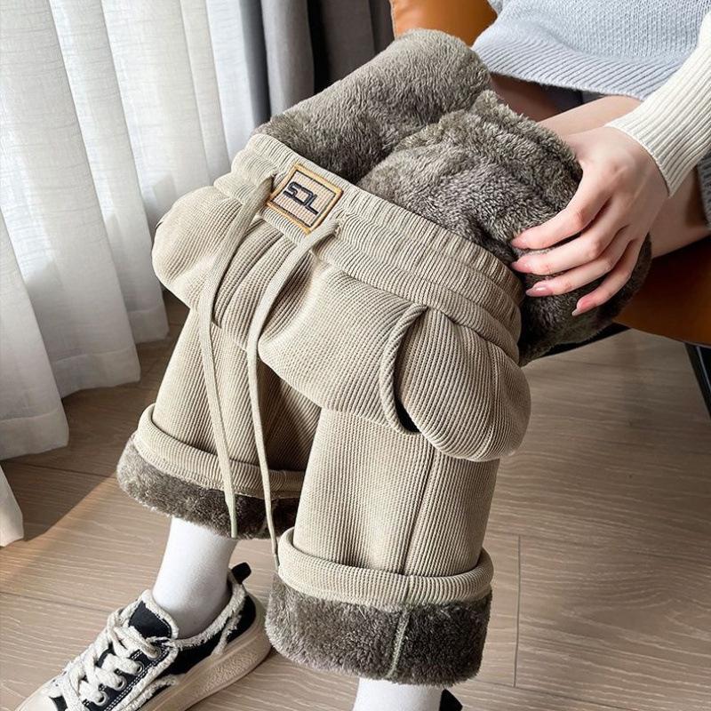 Moda damska Elegancka podszewka z polaru, wysoka talia, ciepłe, codzienne spodnie z szerokimi nogawkami, proste spodnie, jednokolorowe, długie spodnie z elastyczną talią