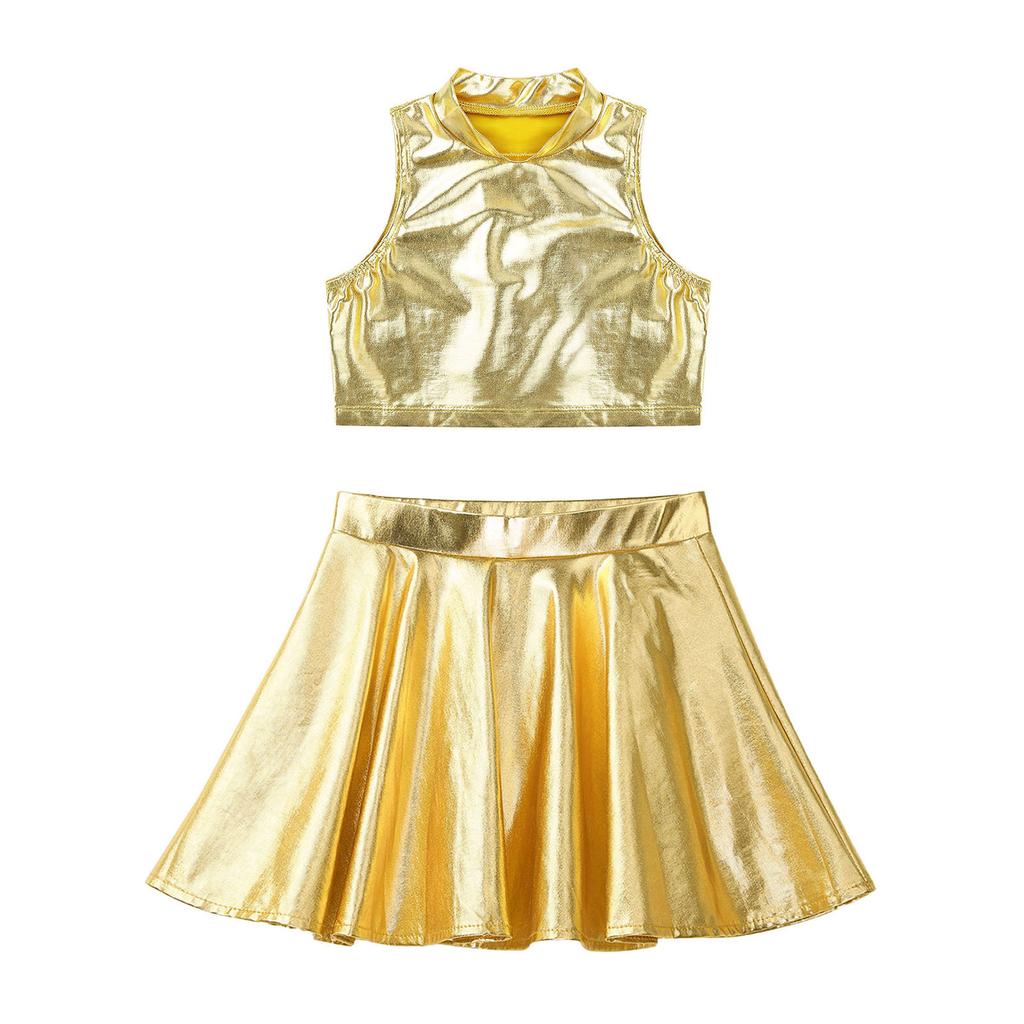 Girls Metallic Sleeveless Turtleneck Top Flared Pleated A-Line Mini Skort Skirt Casual Outfit