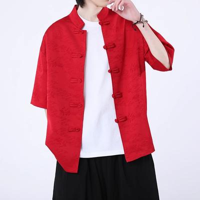 2025 Men Shirt Mandarin Collar Short Sleeve Shirts Summer Oversize Men Black White Red Chinese New Year Retro Hanfu Print Shirts