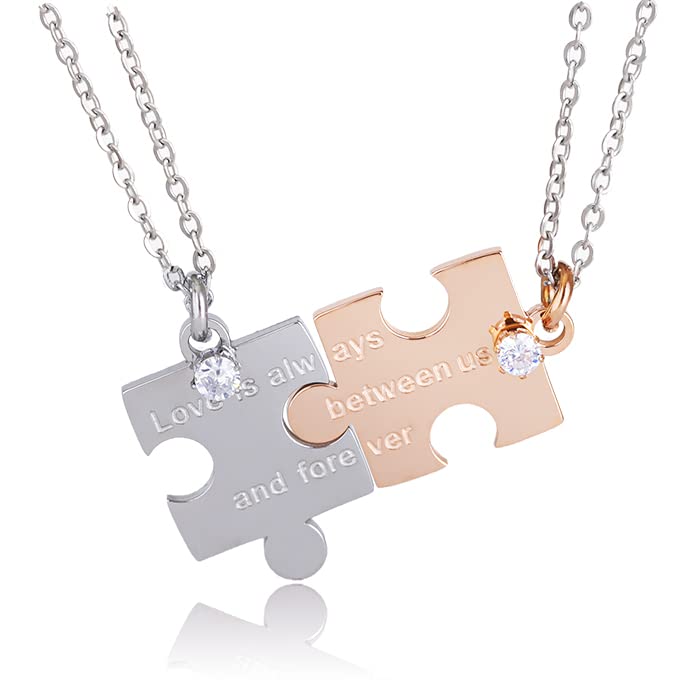 

[felicitations] Couple s Pair Necklace, Stainless Steel Jewelry Necklace for Men and Women, Puzzle Design BR-J068 (Silver & Pink Gold)