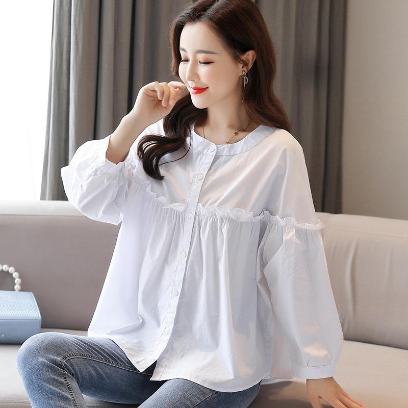

Женская белая футболка с круглым вырезом, длинными рукавами, весенний свободный топ с фестончатым краем, рубашка из чистого хлопка XXL белый
