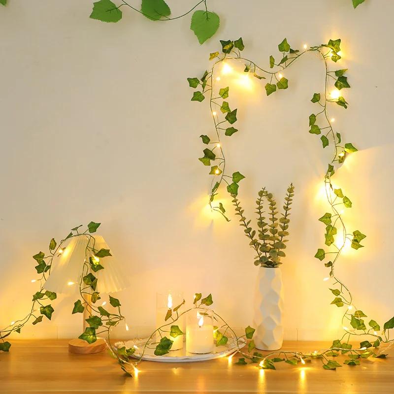 1/4/8PCS 2M Climbing Rattan Light String Willow Leaf USB Outdoor Copper Wire Rattann  Wedding Party Decorative LED String Light
