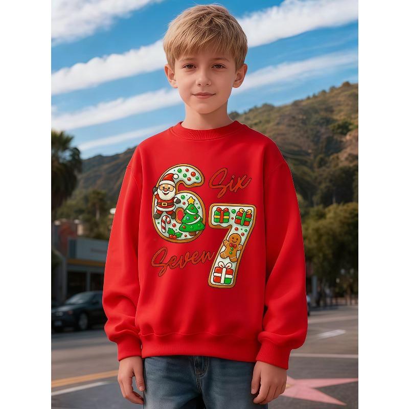 Kids Unisex Sweatshirt, Christmas Cookie Santa Gingerbread Number 67 Print Pullover, Boys Girls Holiday Birthday Sweatshirt For Kids Over 4 Years Old