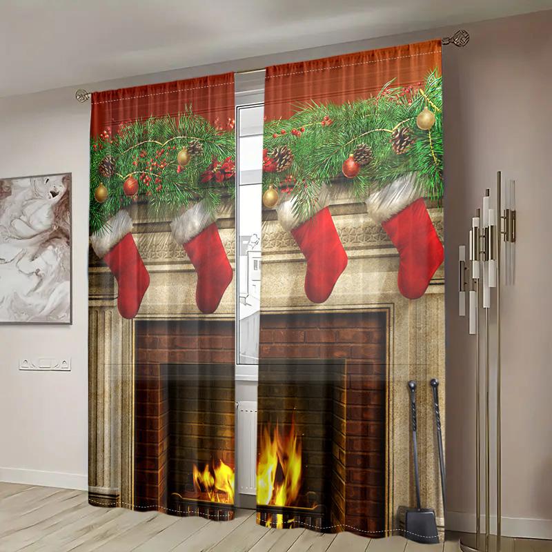 Christmas Stockings Fireplace Curtains Suitable Living Room Bedroom Kitchen Home Decoration Light Blocking Set Of 2 Made Polyester Great Decor