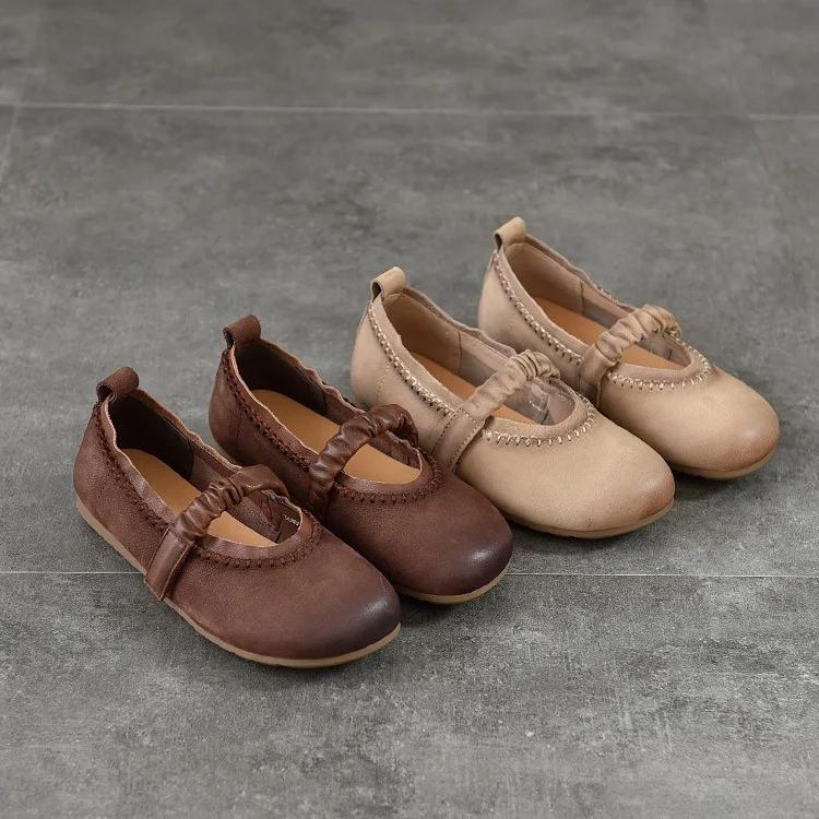 Johnature Retro Flat Shoes Genuine Leather Comfortable Soft Soled Shallow Versatile Women's Shoes