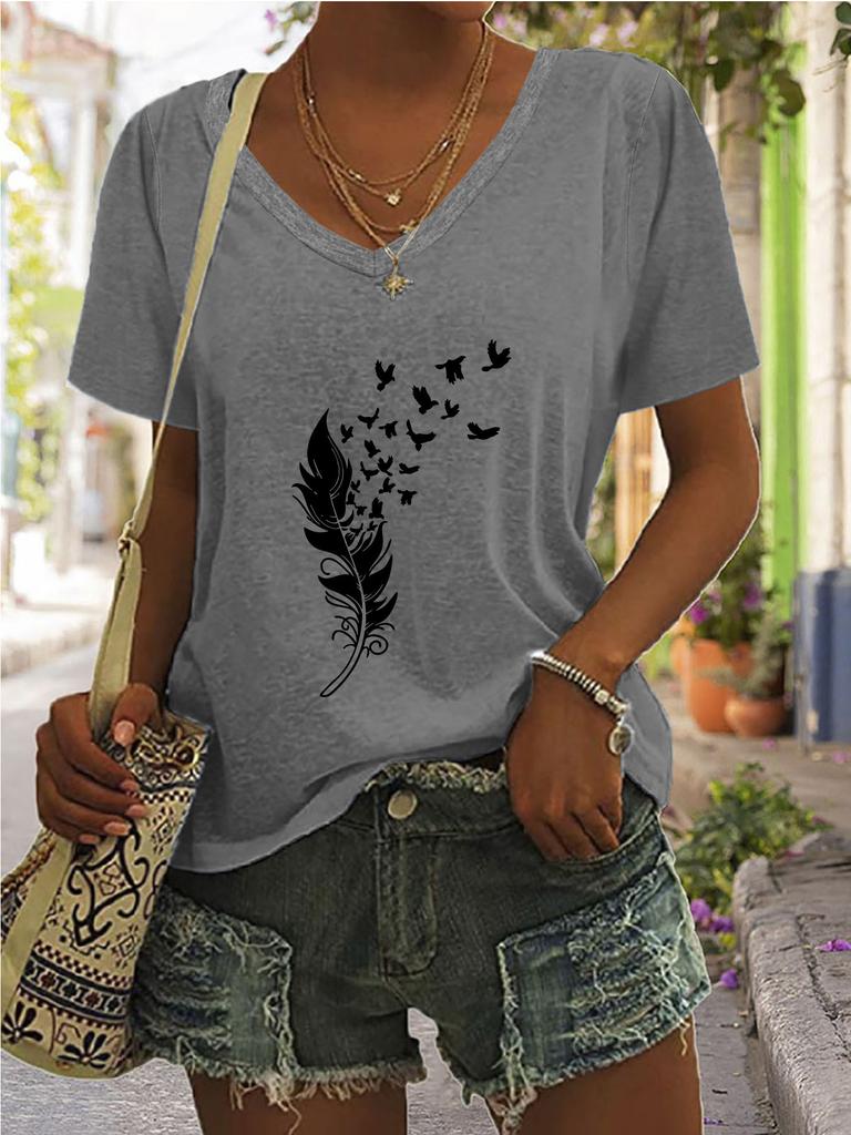V-neck Feather Print Top Fashion Print Short Sleeve Casual T-Shirts Women’s