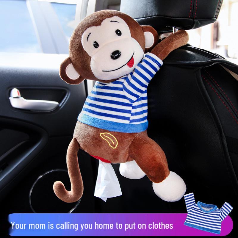 Cartoon Plush Monkey Tissue Box - Cute Car Hanging Pull-Out Cover