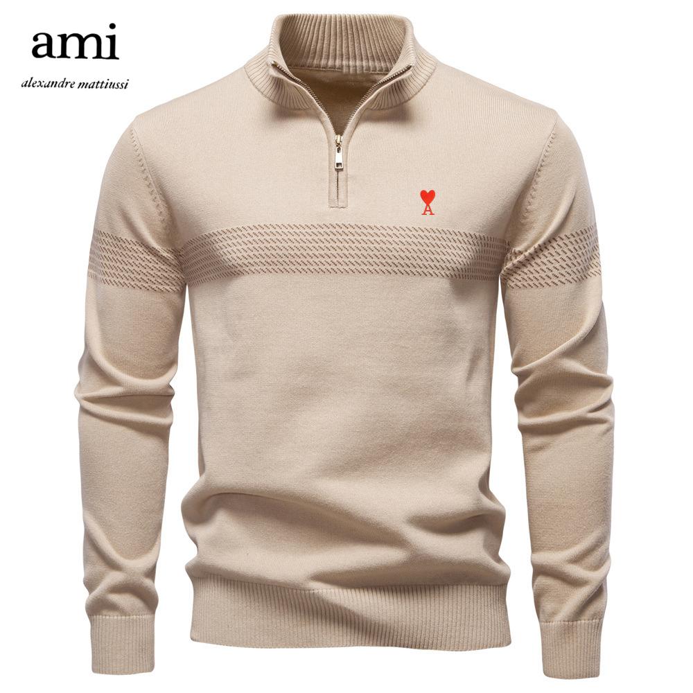 

AMI Мужской свитер из чистого хлопка с вышивкой, новинка бизнеса, осень-зима 2025, воротник-стойка, высококачественный повседневный мужской топ на молнии до середины. XL