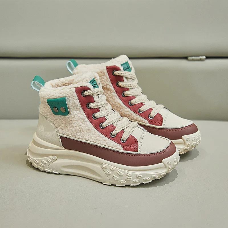 

Модные женские зимние сапоги Новые зимние плюшевые теплые ботинки 2025 Модные непромокаемые на толстой подошве на шнуровке Увеличивающие рост Нескользящие хлопковые ботинки 35 красный