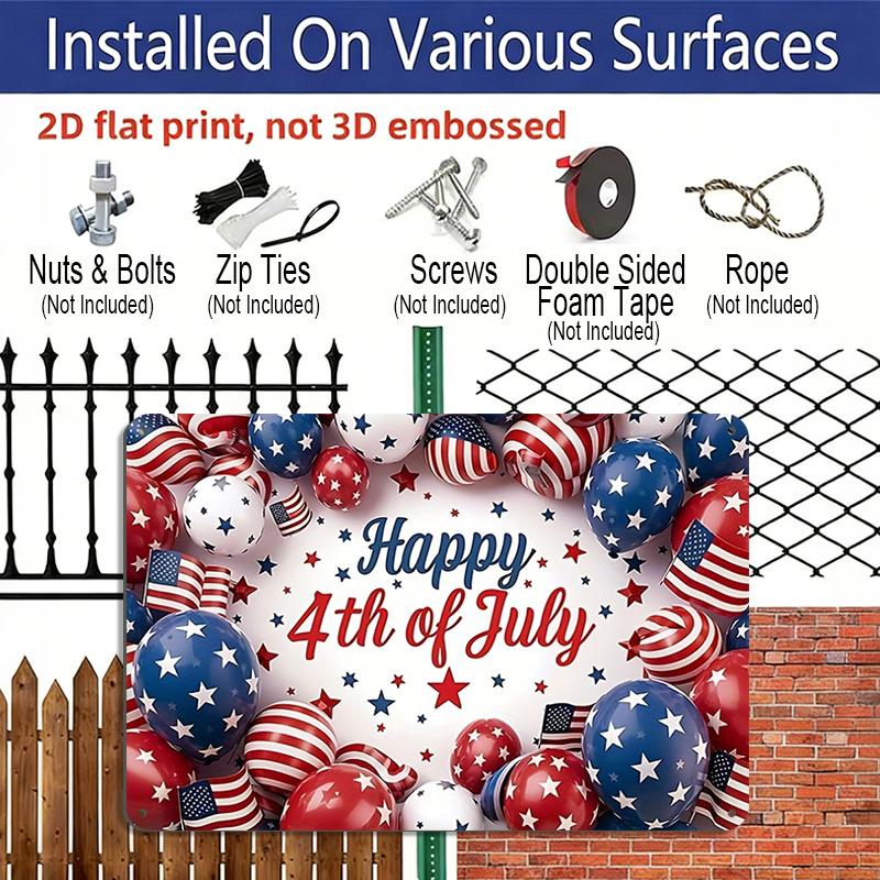 2D Flat, 1pc "Happy Independence Day" Patriotic Plaque, 12"×8" - Red White & Blue Balloon Decor Sign - Aluminium Wall Hanging Decoration for Holiday