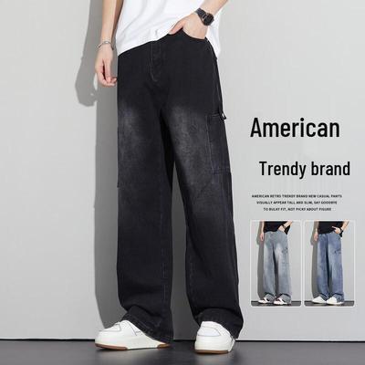 Men's Washed Straight Leg Cargo Denim Pants