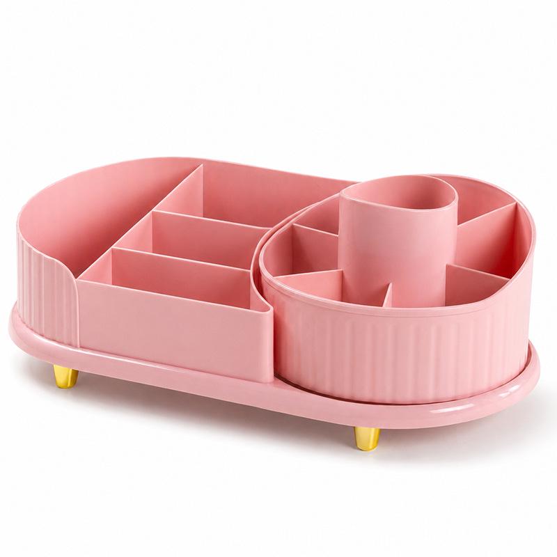 360° Rotating Makeup Organizer with Large Compartments for Lipstick, Brushes, and Skincare Products.
