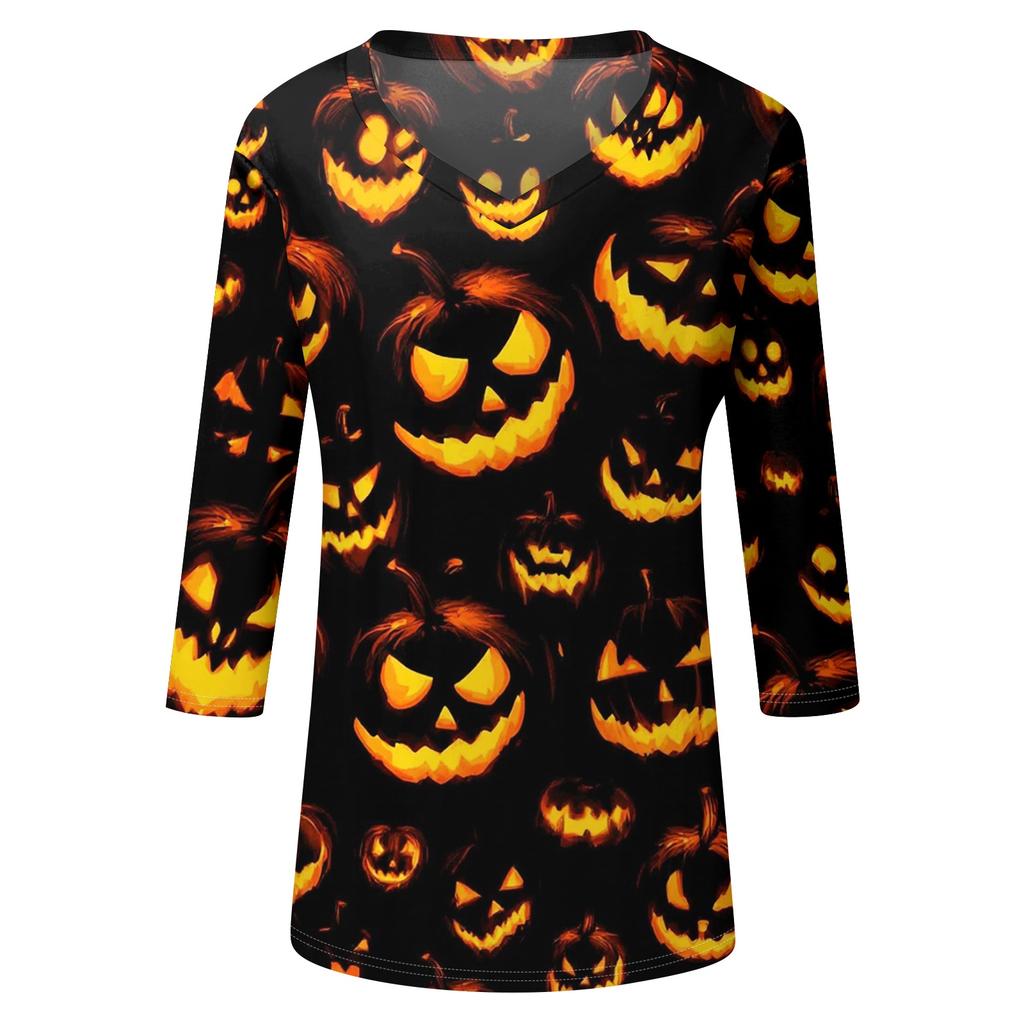 Damen Halloween Print V-Ausschnitt 3/4 Ärmel Lässiges Oberteil Leichter Weicher Stoff Lockere Passform Pulloverhemd für Saisonale Kleidung