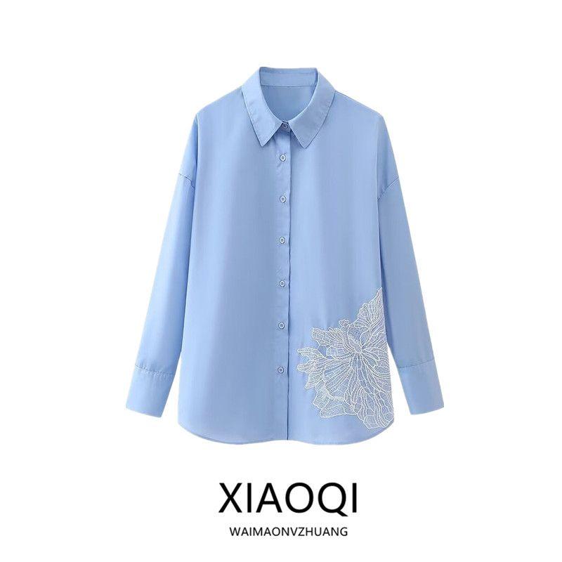 2024 Spring New Women's Clothing Loose Long Sleeves Embroider Flower Decorative Poplin Shirt Tops 2376255 406