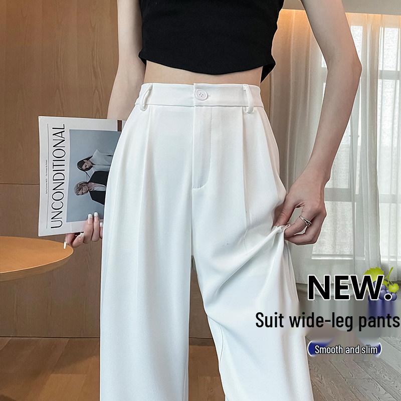 

Women s Petite Ice Silk White Wide-Leg Pants: High-End, Non-See-Through, Casual Straight Summer Fit XL/29