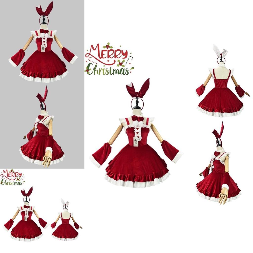 5xl Women Xmas Cosplay Costume Bow Lolita Sexy Maid Outfit Santa Wine Red
