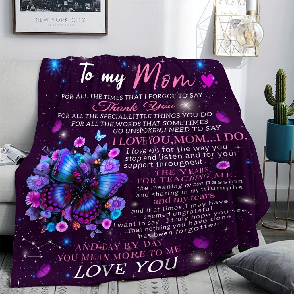 To My Mom Flannel Blanket Purple Butterfly Text Printed for Kids Bedroom Decoration Warm Soft Comfertable Blanket for Sofa Chair