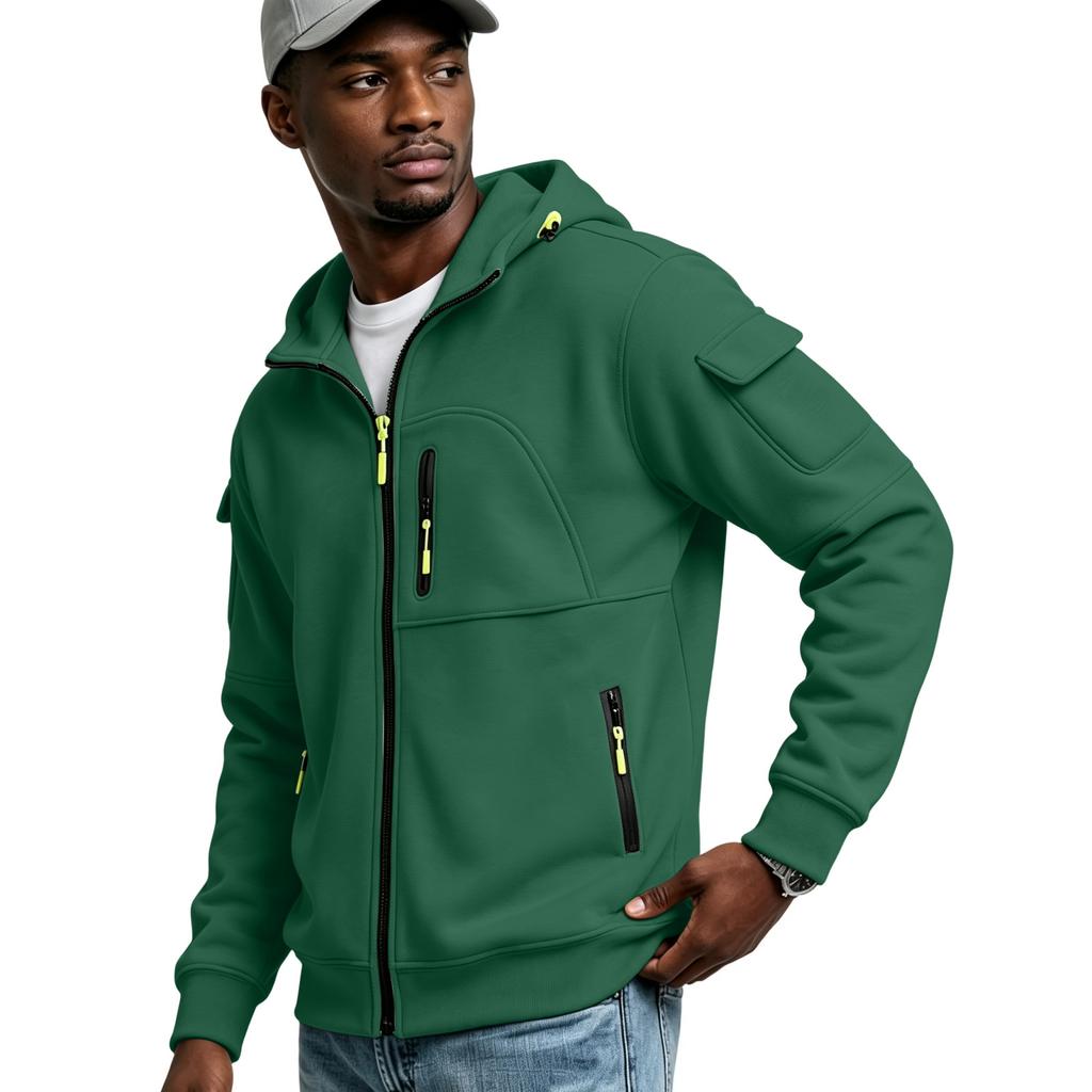 Men's Multi-Pocket Zip-Up Hoodie Casual Jacket for Outdoor Sports