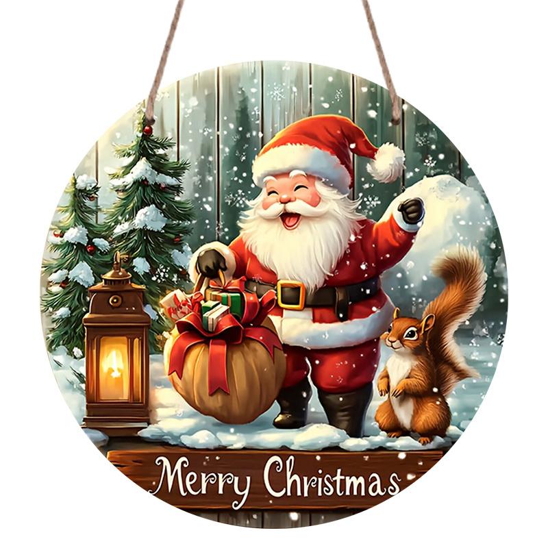 2D Flat, 1pc Rustic Farmhouse Round Aluminum Hanging Sign - Vintage Santa & Squirrel Christmas Holiday Decoration for Door/Wall Ornament, Suitable