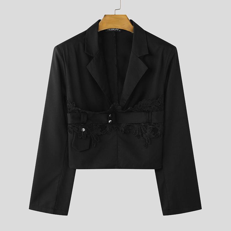 

INCERUN Мужской лацкан с длинным рукавом спереди, кружевной пэчворк, короткий пиджак, повседневные тонкие пальто 3XL чёрный