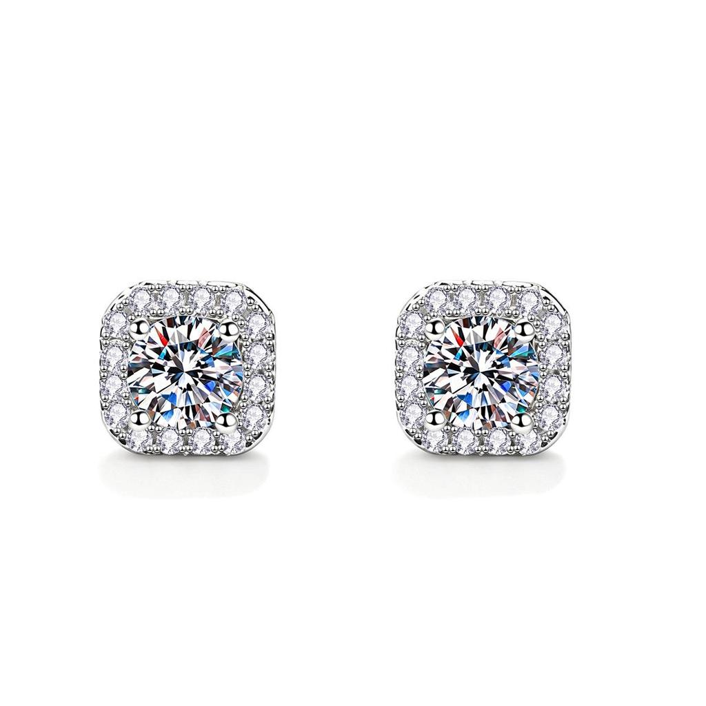 S925 Sterling Silver Square Earrings with 1 Carat Moissanite for Women - Classic Silver Ear Ornaments.