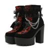 Fashion Vintage Gothic Lace Ankle Boots for Women Chunky Heel Side Zipper with Chain Detail Platform Goth Boots High Heels Women Shoes