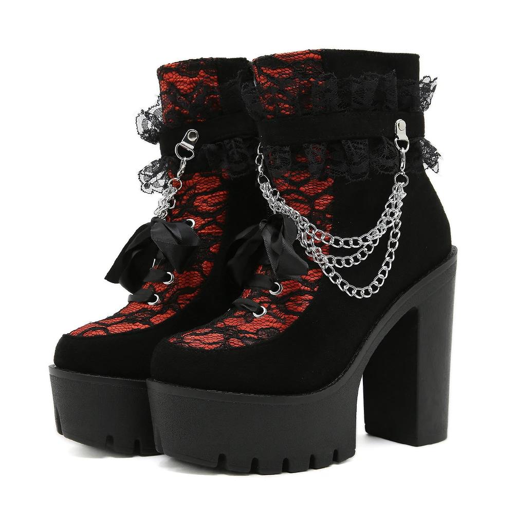 Fashion Vintage Gothic Lace Ankle Boots for Women Chunky Heel Side Zipper with Chain Detail Platform Goth Boots High Heels Women Shoes