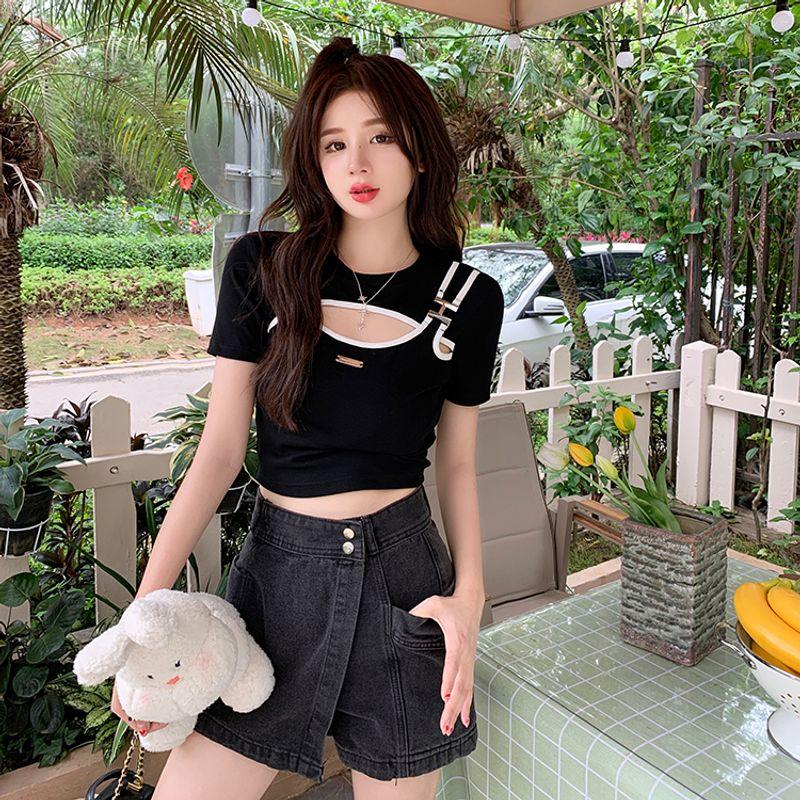 

Fashion Jazz Style Women s Jazz Dance Short Tops Sexy Wear Match Stylish Fake Two Pieces Short Sleeve T-shirt Black XL