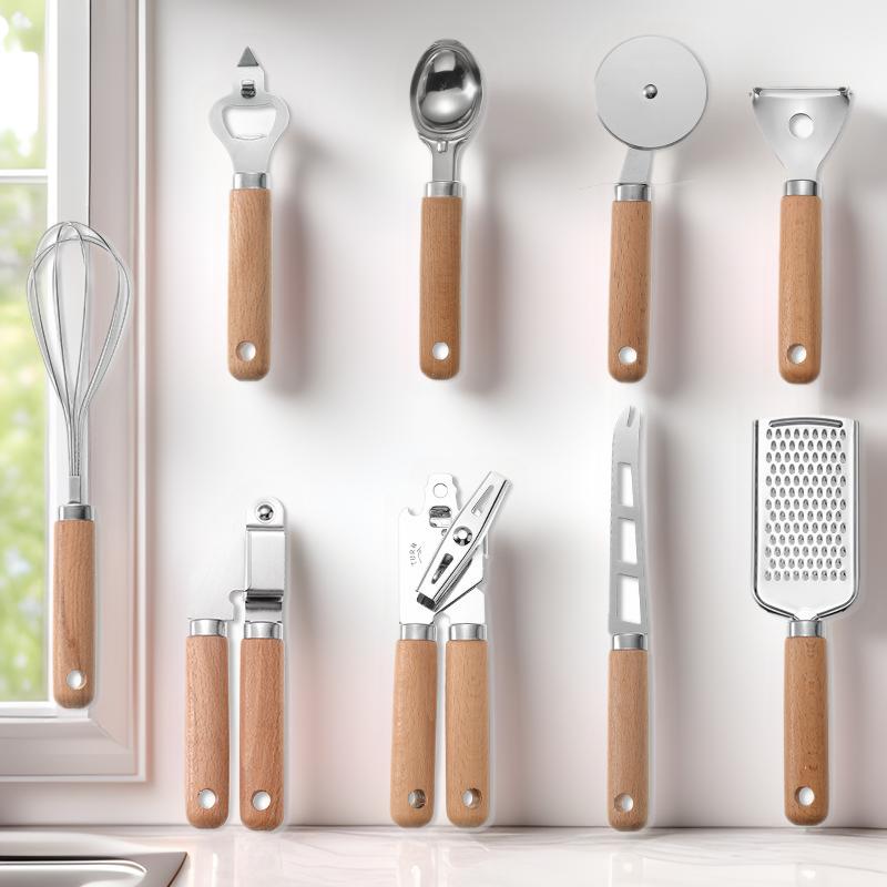 Wooden Handle Kitchen Gadgets Small Kitchen Utensils Set Baking Set Pizza Cheese Knife Stainless Steel Egg Beater