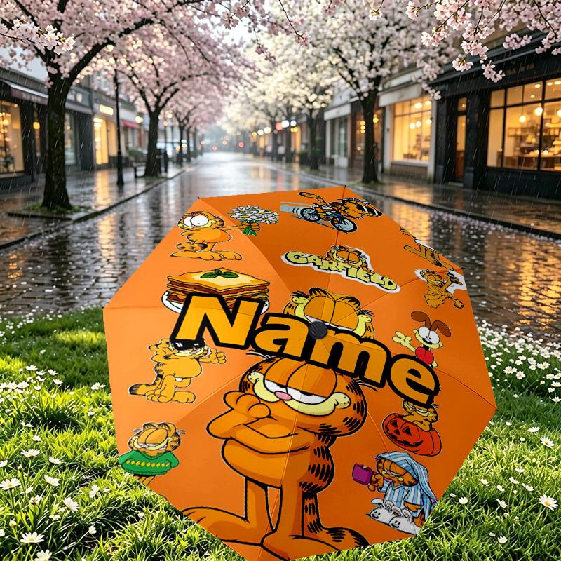 Custom Name Personalized Garfield Print Umbrella, Auto Open Close, 8‑Rib Sturdy Frame, Commute Camping Hiking Use, Birthday Gift
