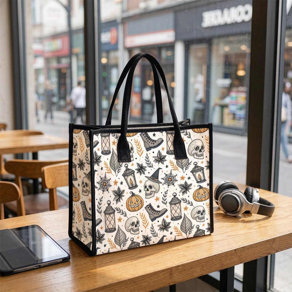 Halloween Pattern Canvas Tote Bag Casual Portable Large Capacity Shoulder Handbag for Daily Use