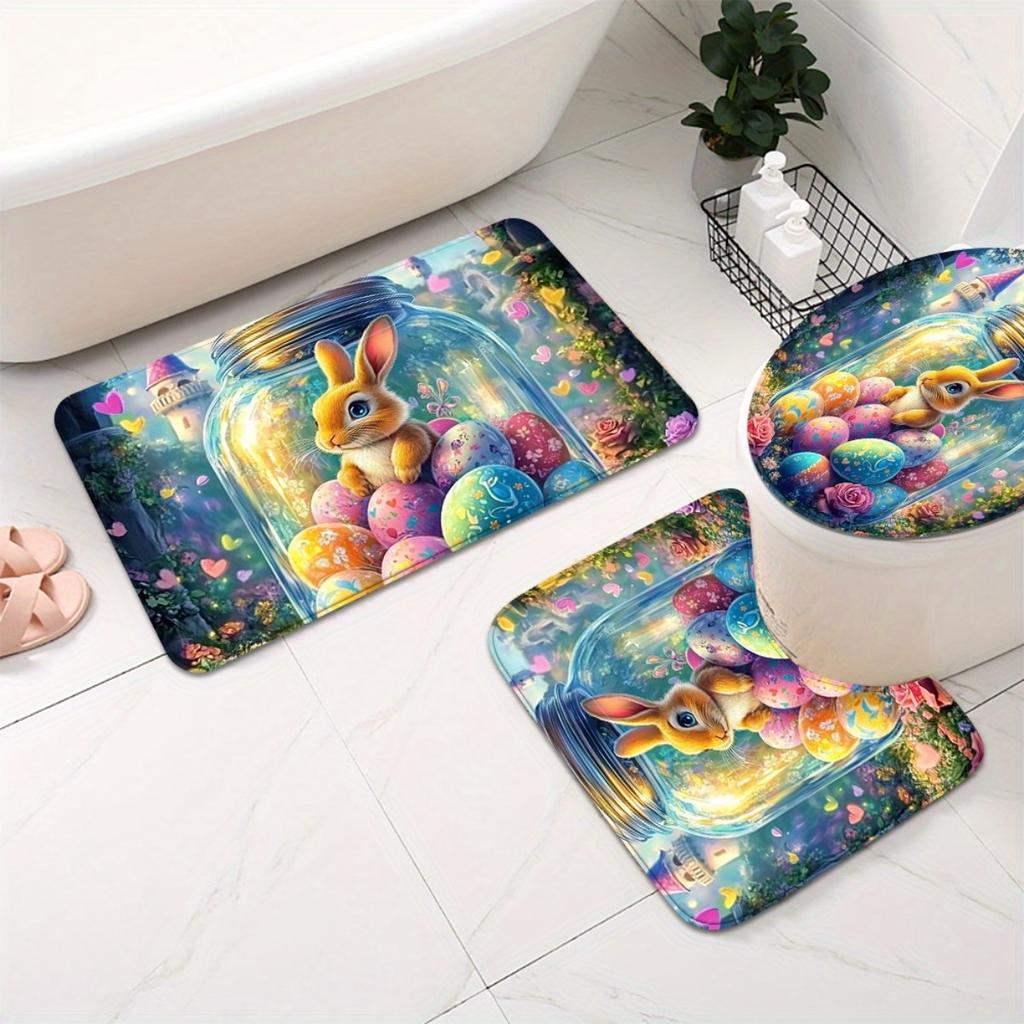 1/4Pcs Colorful Easter Bunny Bathroom Set 2D Flat Pattern Set Waterproof Shower Curtain with Anti Slip Rug and Toilet Lid Cover Spring Gift