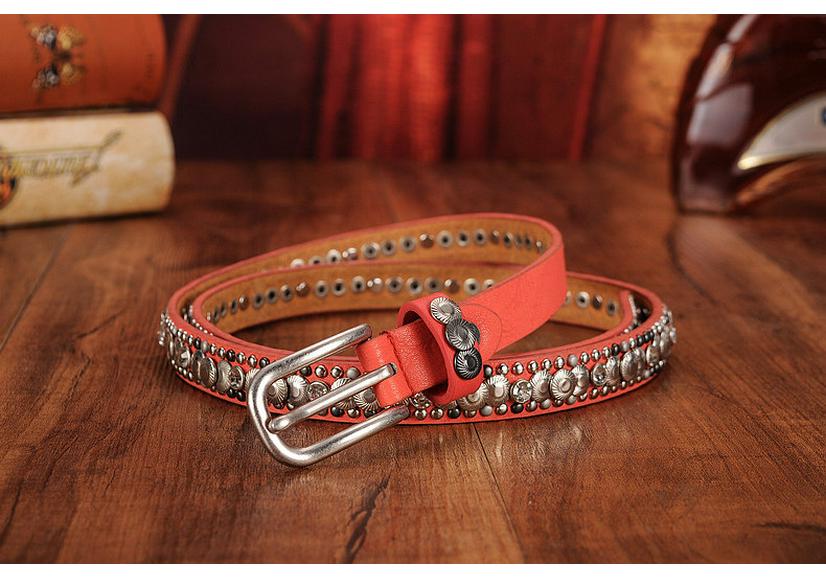 Ethnic Style Retro Rivet Leather Belt with Rhinestone Inlays for Women